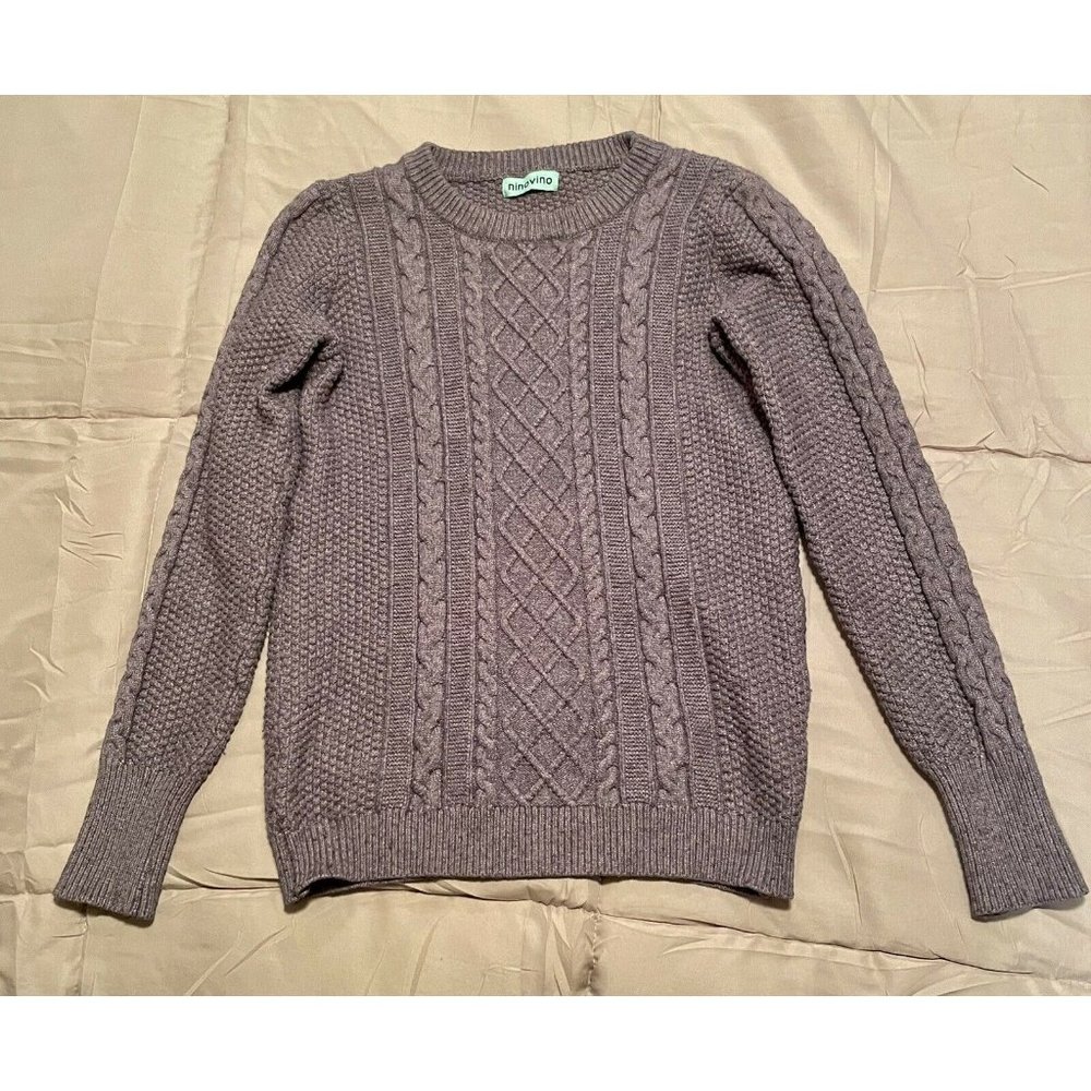 ninovino Women's  Long Sleeve Cable Knit Crewneck Pullover Sweater, Gray, Size S